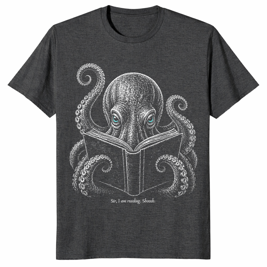 Book lover reader shirt in dark heather grey with shushing octopus design
