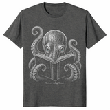 Book lover reader shirt in dark heather with shushing octopus design