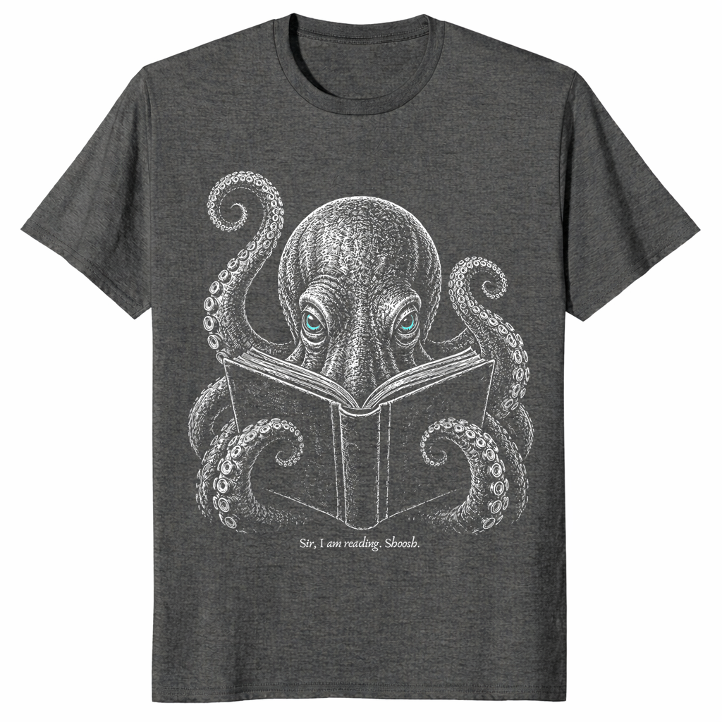 Book lover reader shirt in dark heather with shushing octopus design