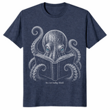 Book lover reader shirt in heather navy with shushing octopus design