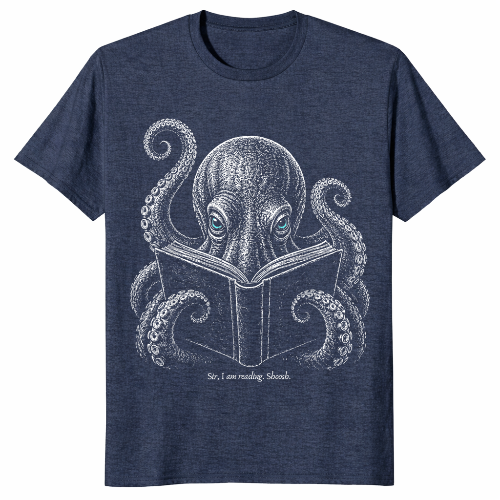 Book lover reader shirt in heather navy with shushing octopus design