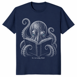 Book lover reader shirt in navy with shushing octopus design
