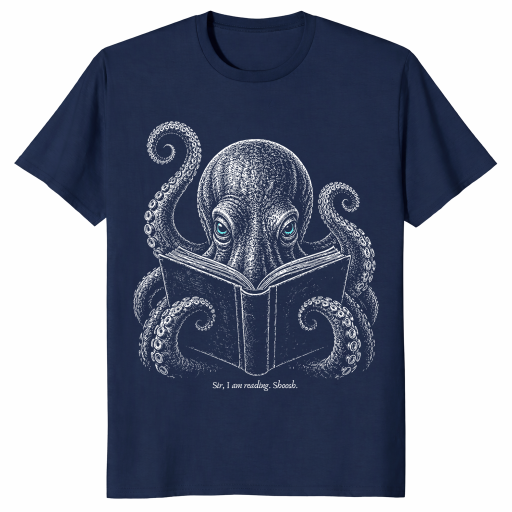 Book lover reader shirt in navy with shushing octopus design