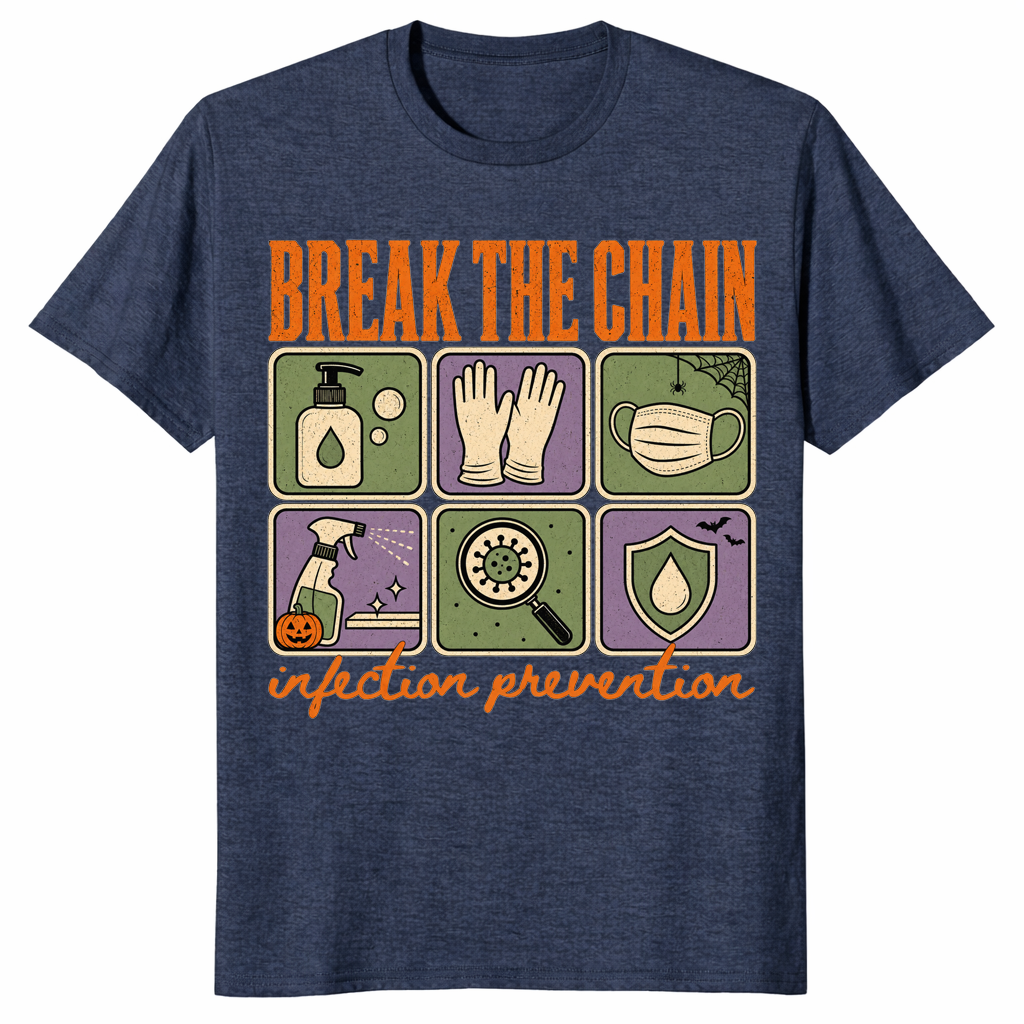 Break The Chain infection prevention shirt in heather navy, Halloween nurse tee