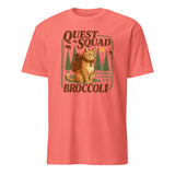 Cuccico Broccoli Cat Quest Squad Tee in coral silk, Dragon Rider Shirt for romantasy and fantasy fans