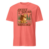 Cuccico Broccoli Cat Quest Squad Tee in coral silk, Dragon Rider Shirt for romantasy and fantasy fans