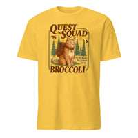Cuccico Quest Squad Tee Broccoli Cat design in daisy yellow, fantasy Dragon Rider Shirt