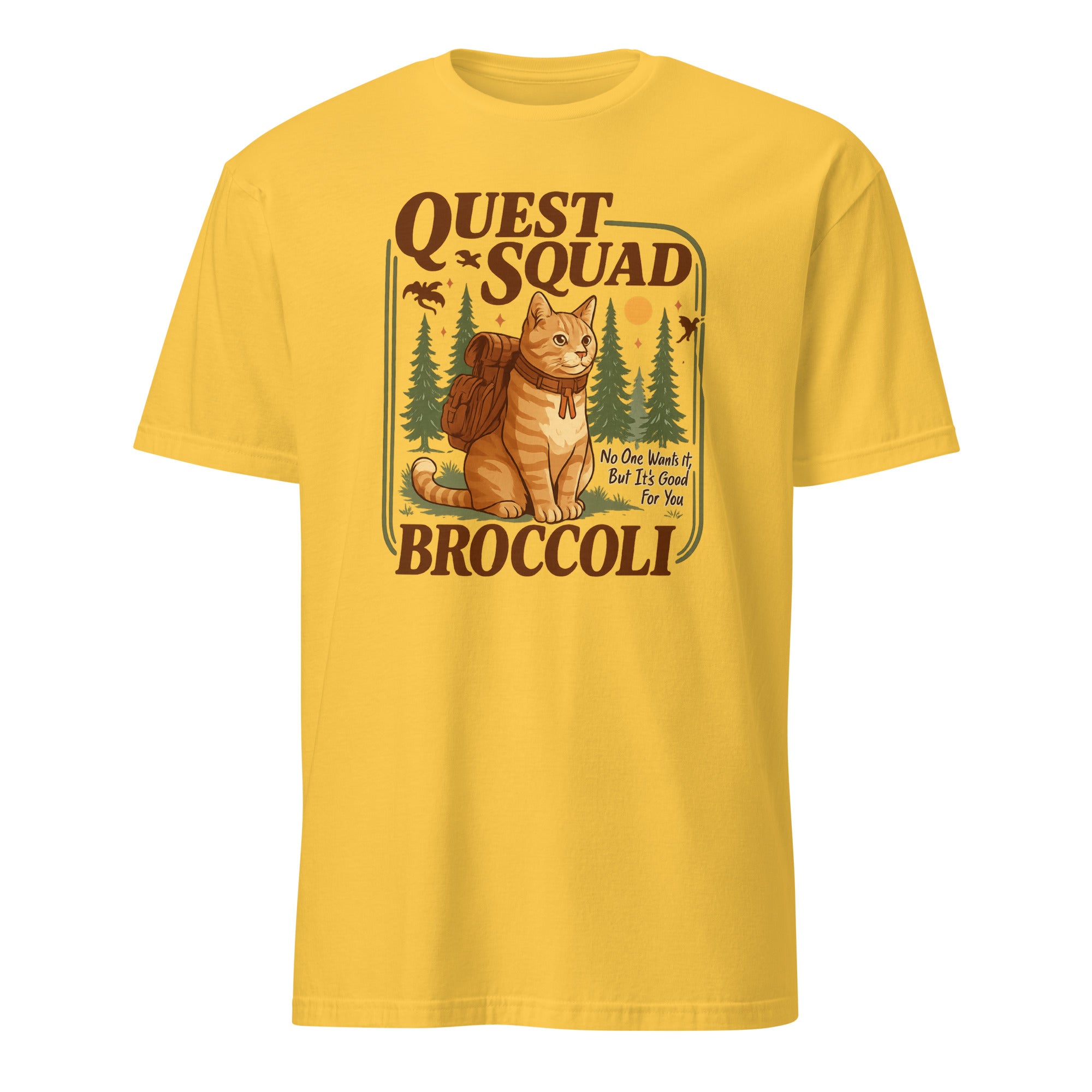 Cuccico Quest Squad Tee Broccoli Cat design in daisy yellow, fantasy Dragon Rider Shirt