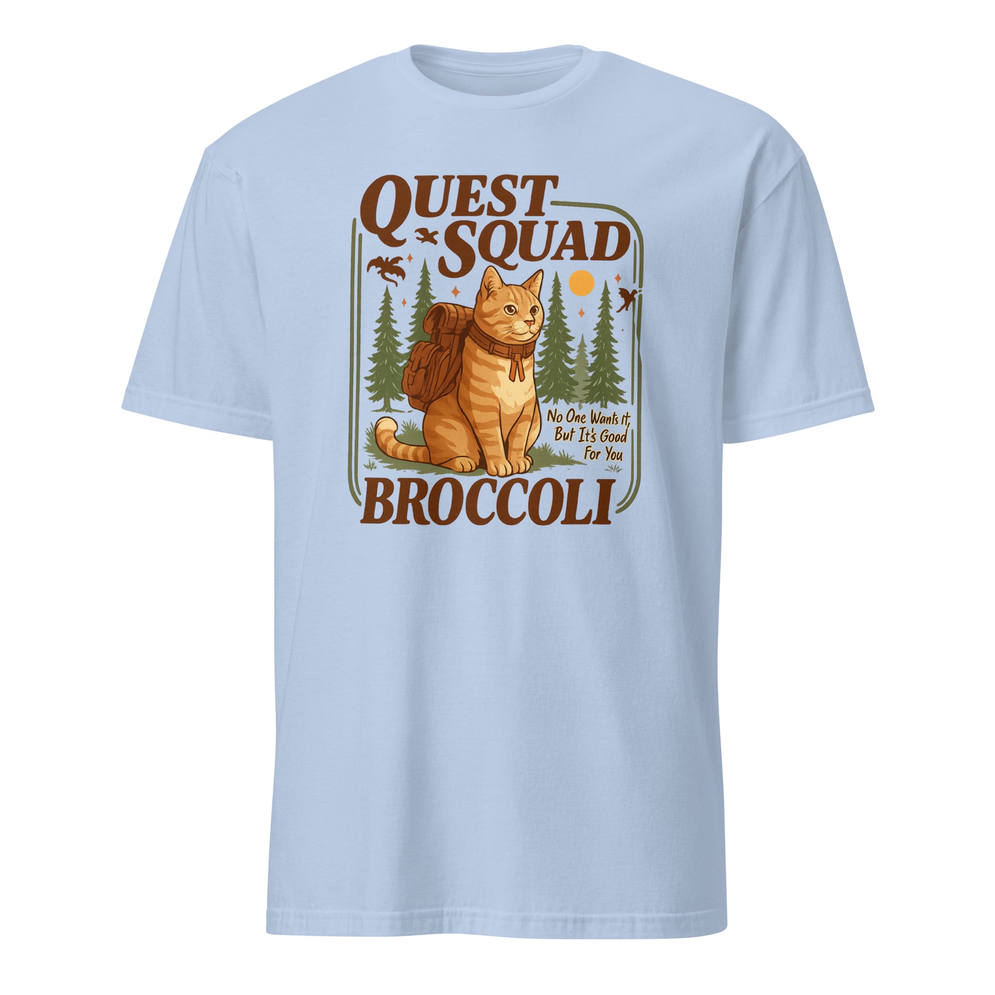 Broccoli Cat Shirt with Quest Squad theme in light blue, Cuccico Dragon Rider Tee