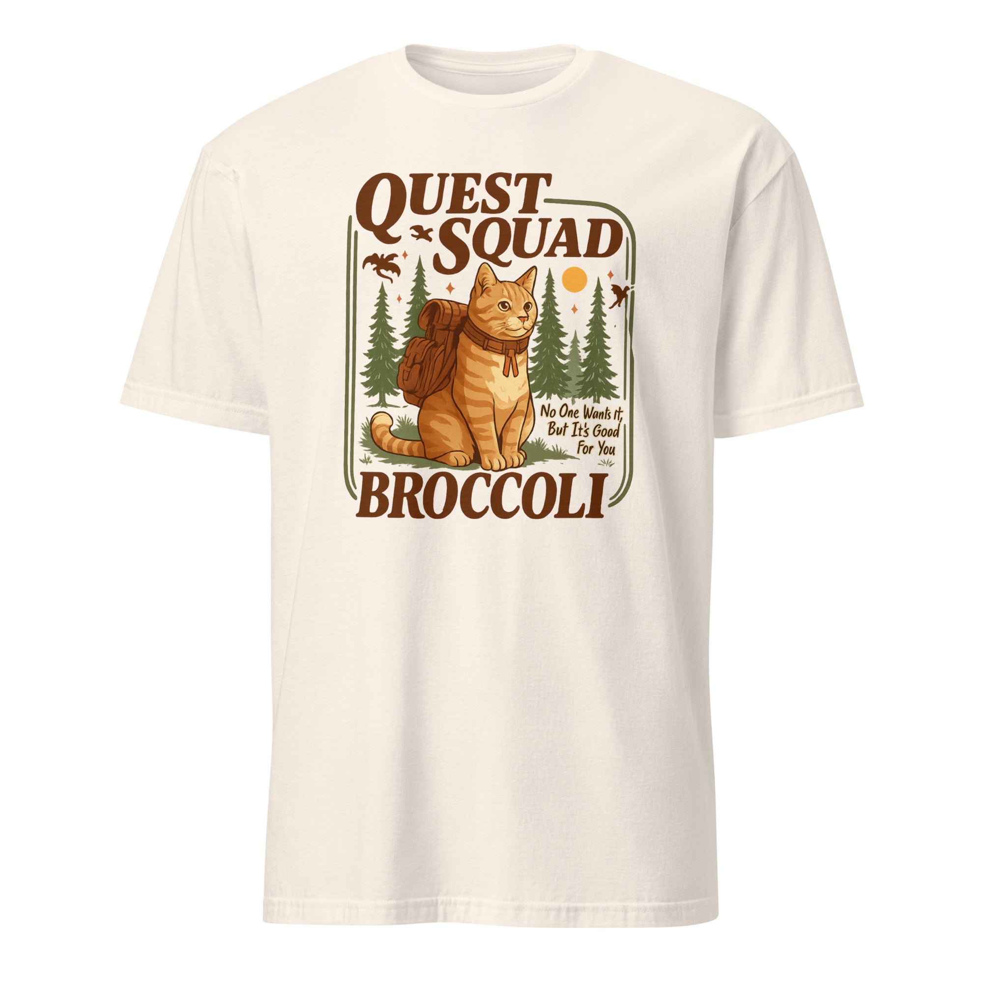 Broccoli Cat Quest Squad Tee in natural color by Cuccico, Dragon Rider Shirt design