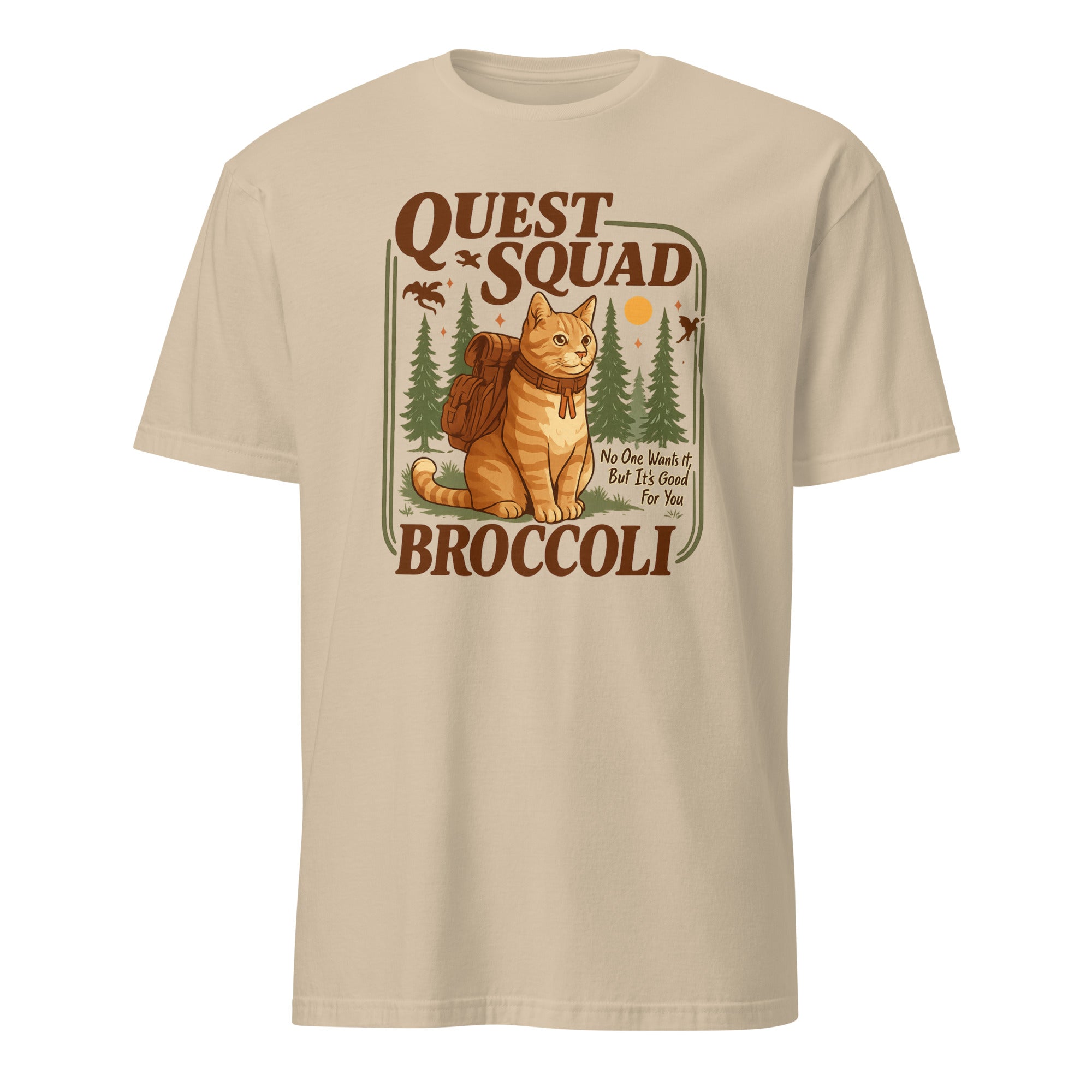 Broccoli Cat Shirt Quest Squad design in sand color, Cuccico Dragon Rider Tee