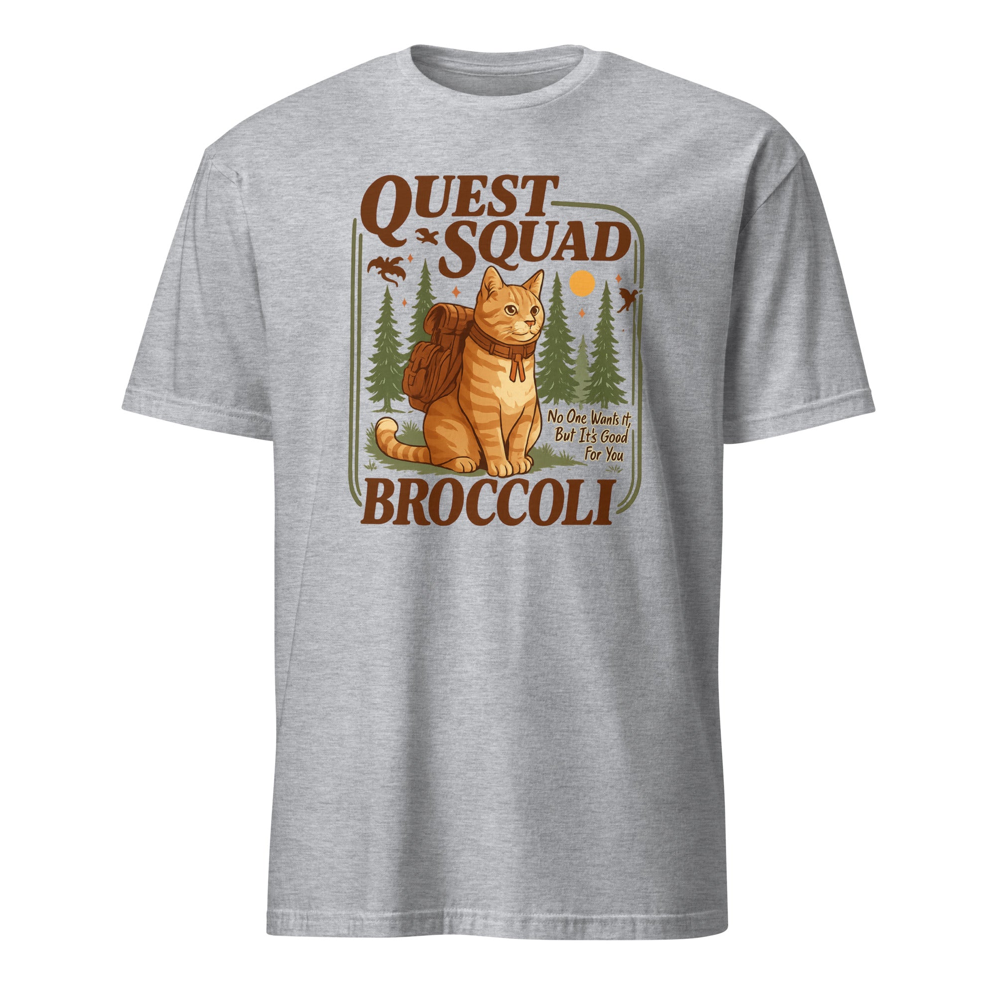 Cuccico Broccoli Cat Quest Squad Tee in sport grey, Dragon Rider Shirt for book lovers