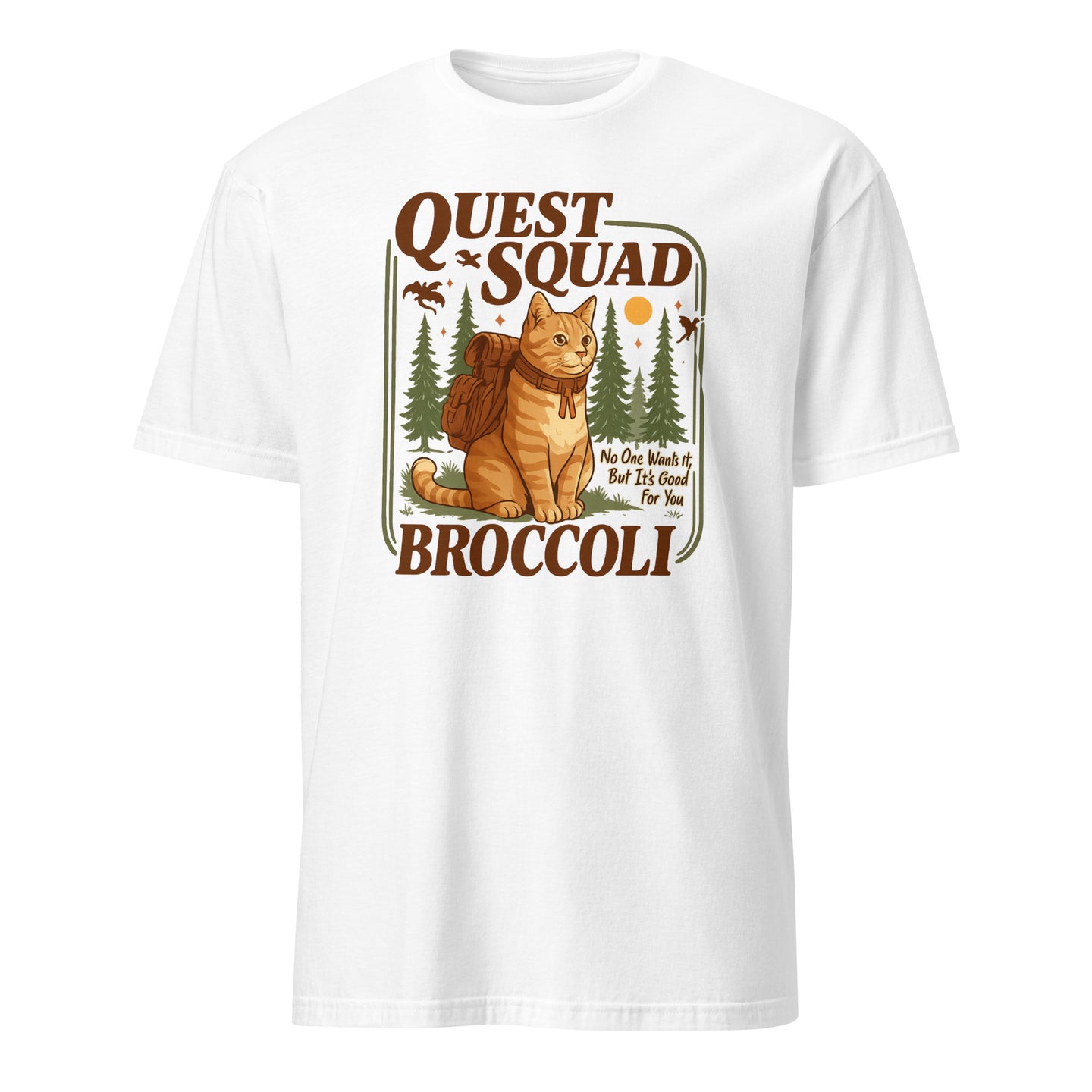 Broccoli Cat Quest Squad Tee in white by Cuccico, Dragon Rider Shirt for fantasy fans
