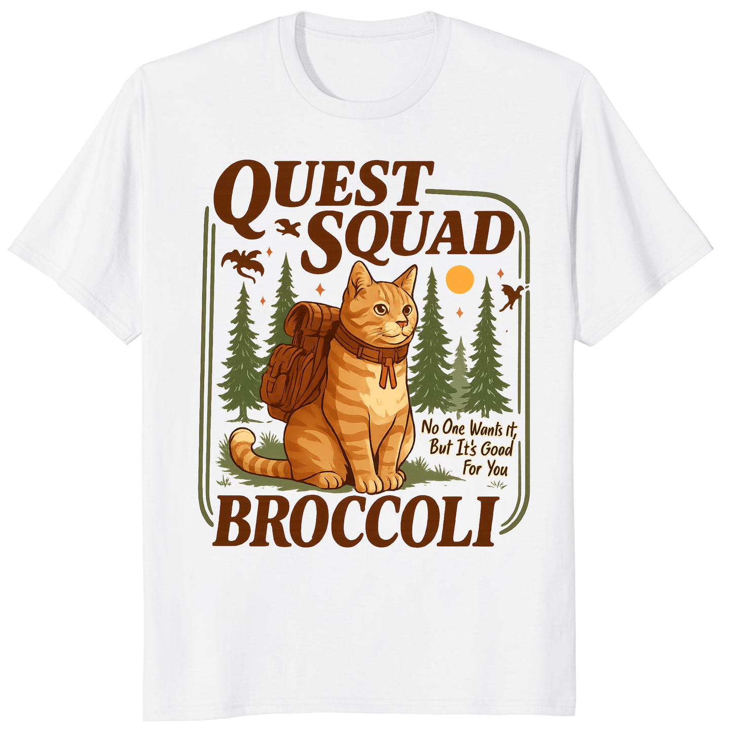 Broccoli Cat Quest Squad Tee in white by Cuccico, Dragon Rider Shirt for fantasy fans