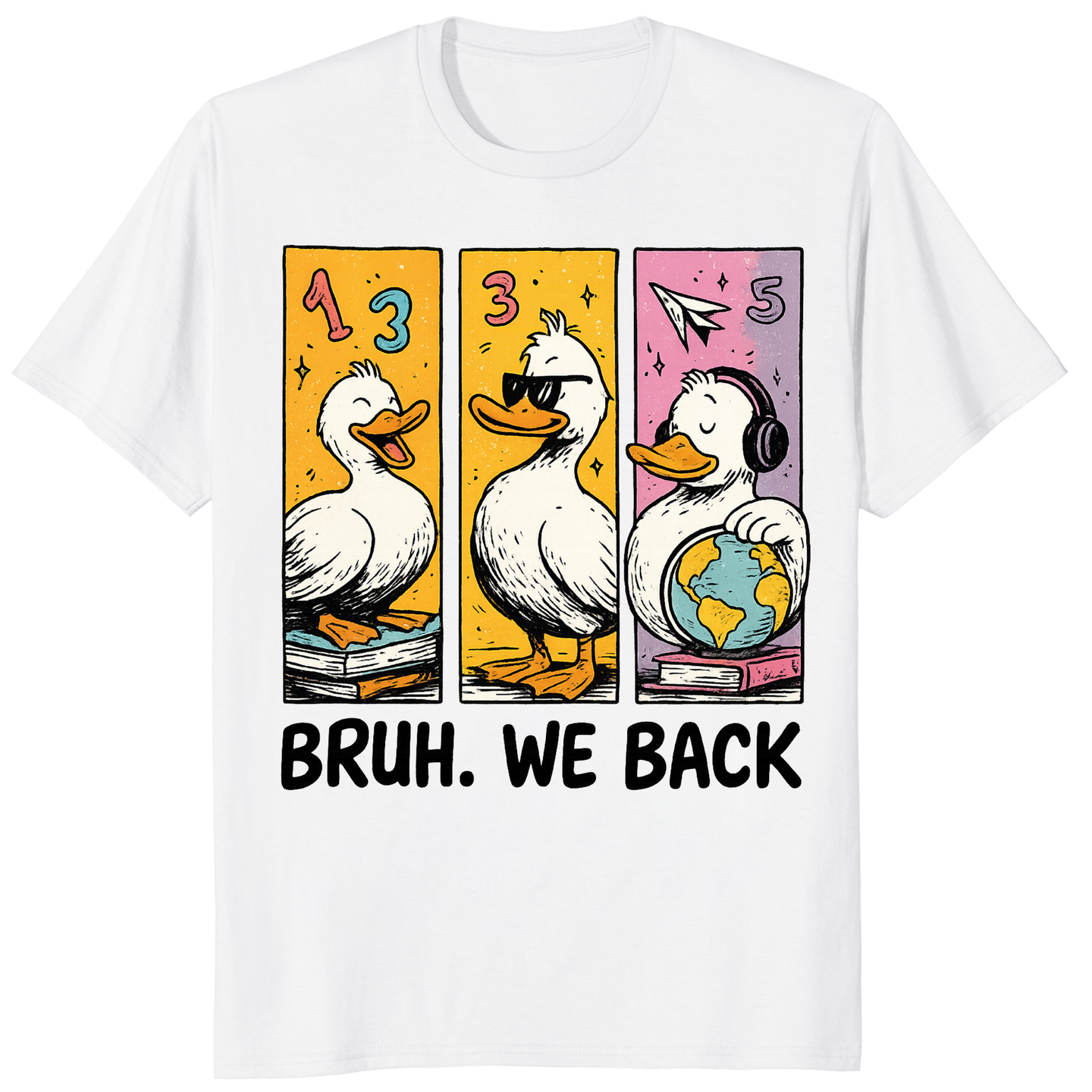 White Bruh We Back Shirt with bold Silly Goose graphic, funny Back to School Tee by Cuccico