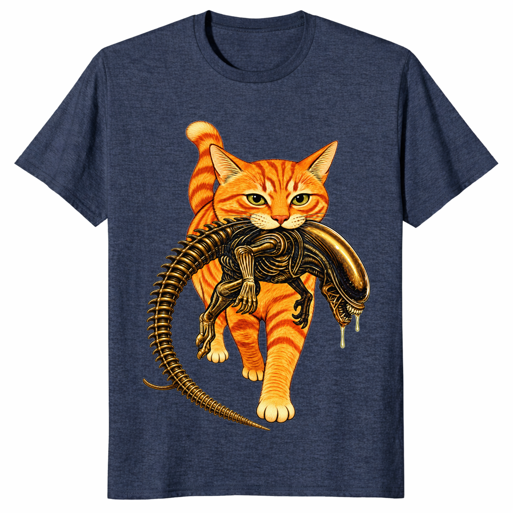 Cat carrying alien shirt in Heather Navy