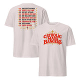 Ice grey Catholic hymns playlist shirt, front and back view