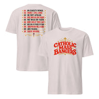 Ice grey Catholic hymns playlist shirt, front and back view