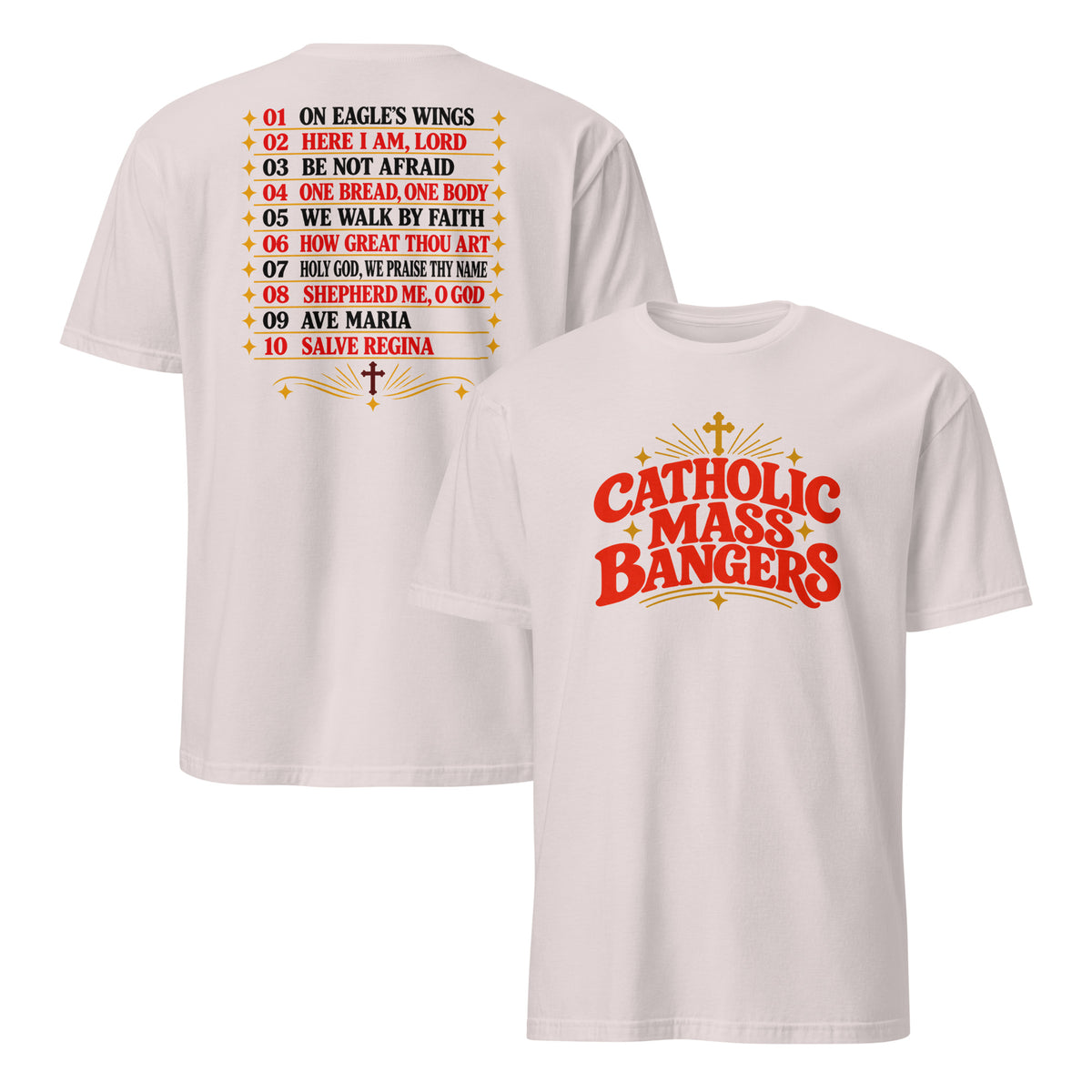 Ice grey Catholic hymns playlist shirt, front and back view