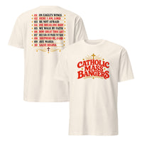 Natural Catholic hymns shirt with gold cross, Mass Bangers front and On Eagle’s Wings to Salve Regina back list