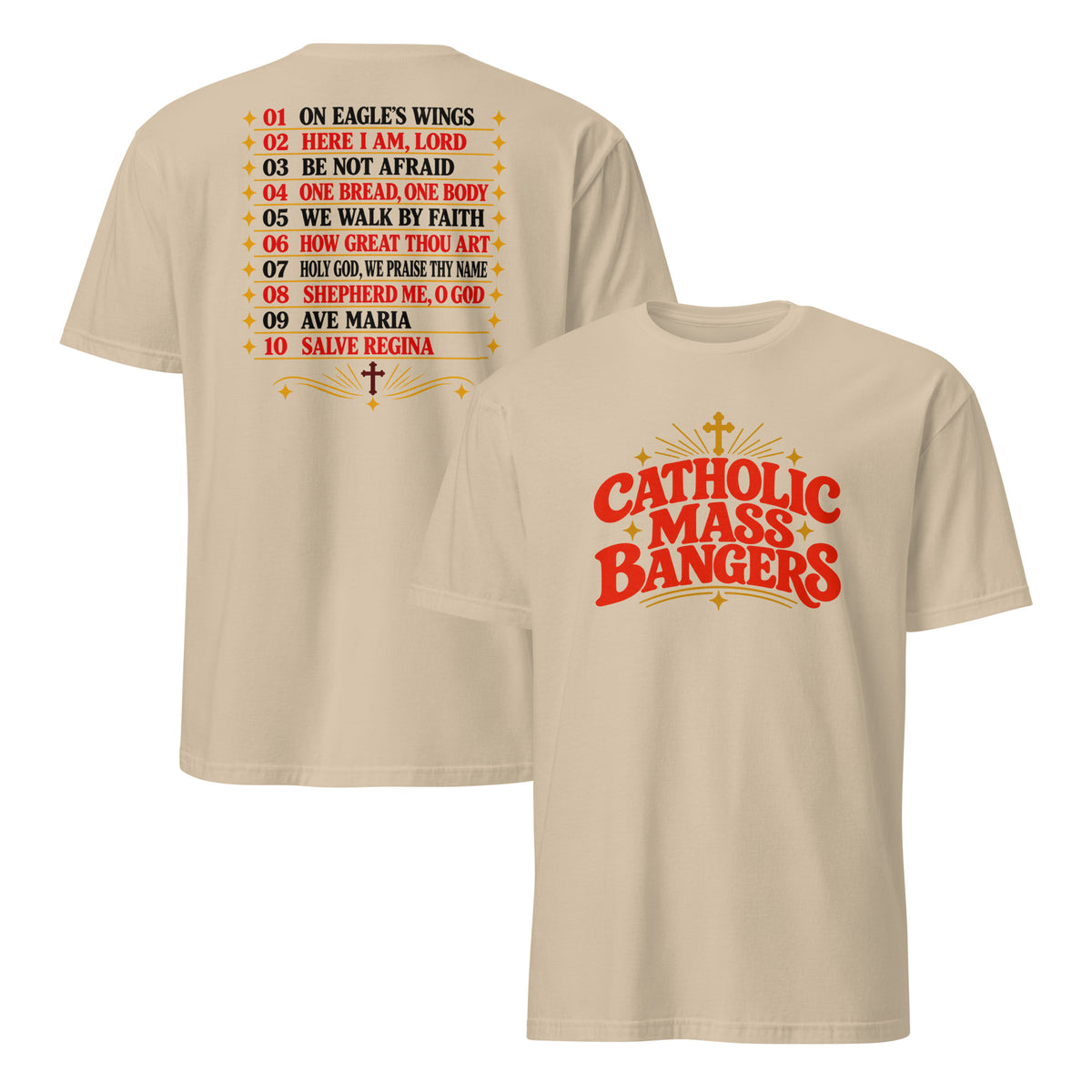 Sand Catholic Mass Bangers shirt showing front logo and back hymn list