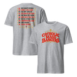 Sport grey church music tee with red Catholic Mass Bangers lettering and hymn playlist back