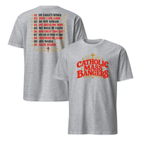 Sport grey church music tee with red Catholic Mass Bangers lettering and hymn playlist back