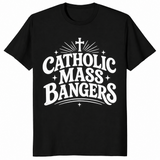 Black Catholic Mass Bangers shirt with white retro lettering and a shining cross
