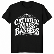 Black Catholic Mass Bangers shirt with white retro lettering and a shining cross
