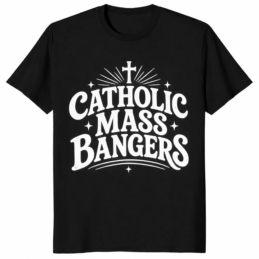 Black Catholic Mass Bangers shirt with white retro lettering and a shining cross