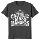 Dark heather grey Catholic Mass Bangers shirt, flat-lay front view