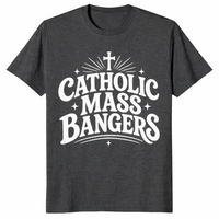 Dark heather grey Catholic Mass Bangers shirt, flat-lay front view