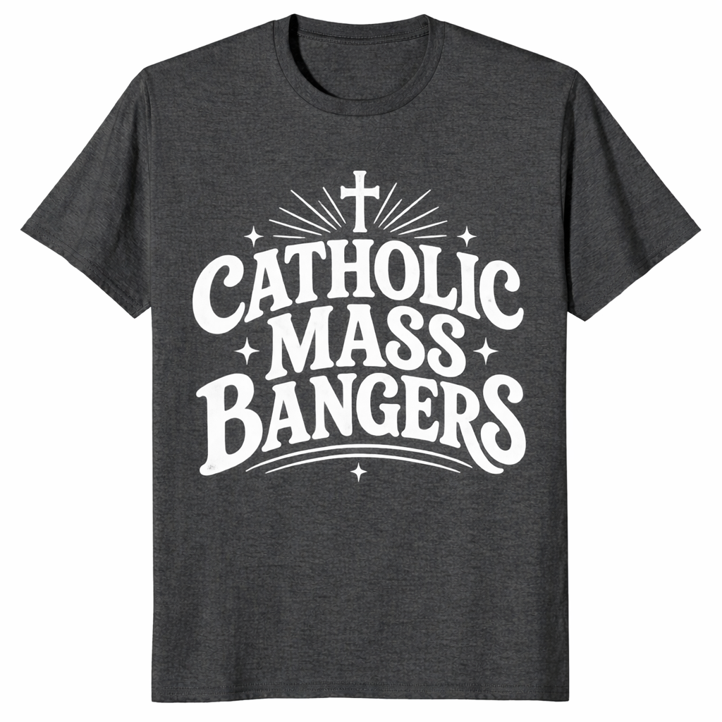Dark heather grey Catholic Mass Bangers shirt, flat-lay front view