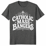 Dark heather Catholic Mass Bangers graphic tee