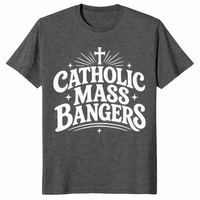 Dark heather Catholic Mass Bangers graphic tee