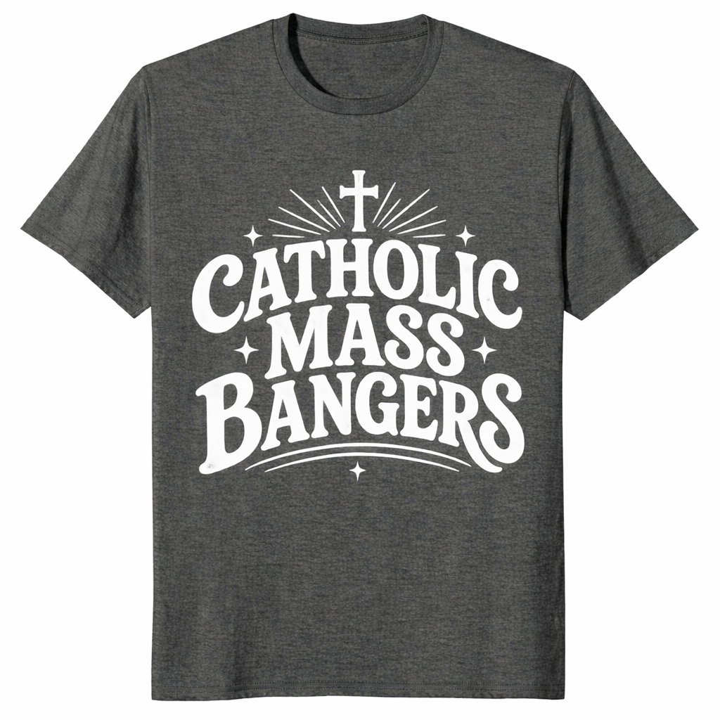 Dark heather Catholic Mass Bangers graphic tee