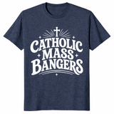 Heather navy Catholic Mass Bangers shirt with cross and sparkle design