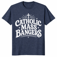Heather navy Catholic Mass Bangers shirt with cross and sparkle design