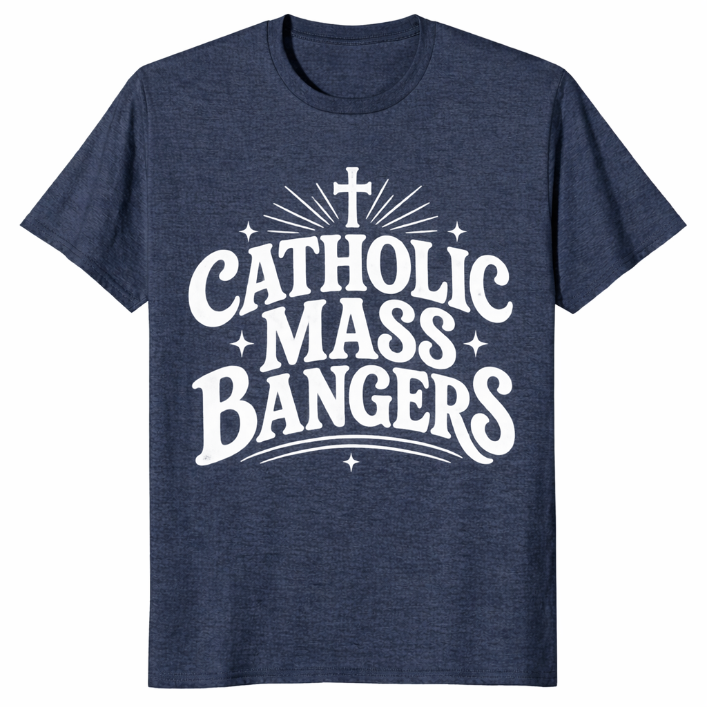Heather navy Catholic Mass Bangers shirt with cross and sparkle design