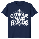 Navy funny Catholic church hymn shirt with Mass Bangers print