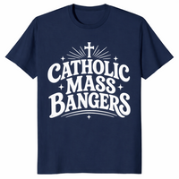 Navy funny Catholic church hymn shirt with Mass Bangers print