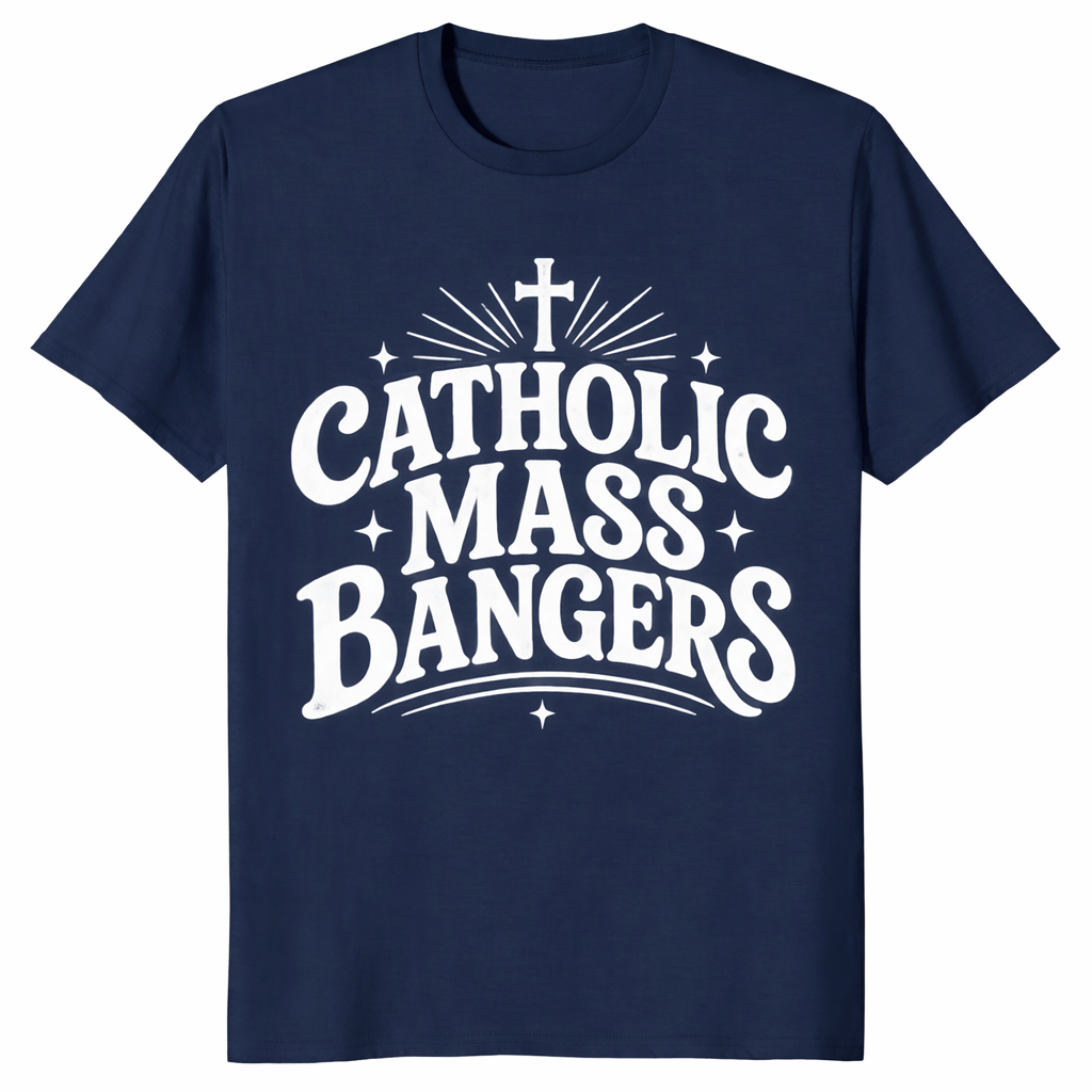 Navy funny Catholic church hymn shirt with Mass Bangers print