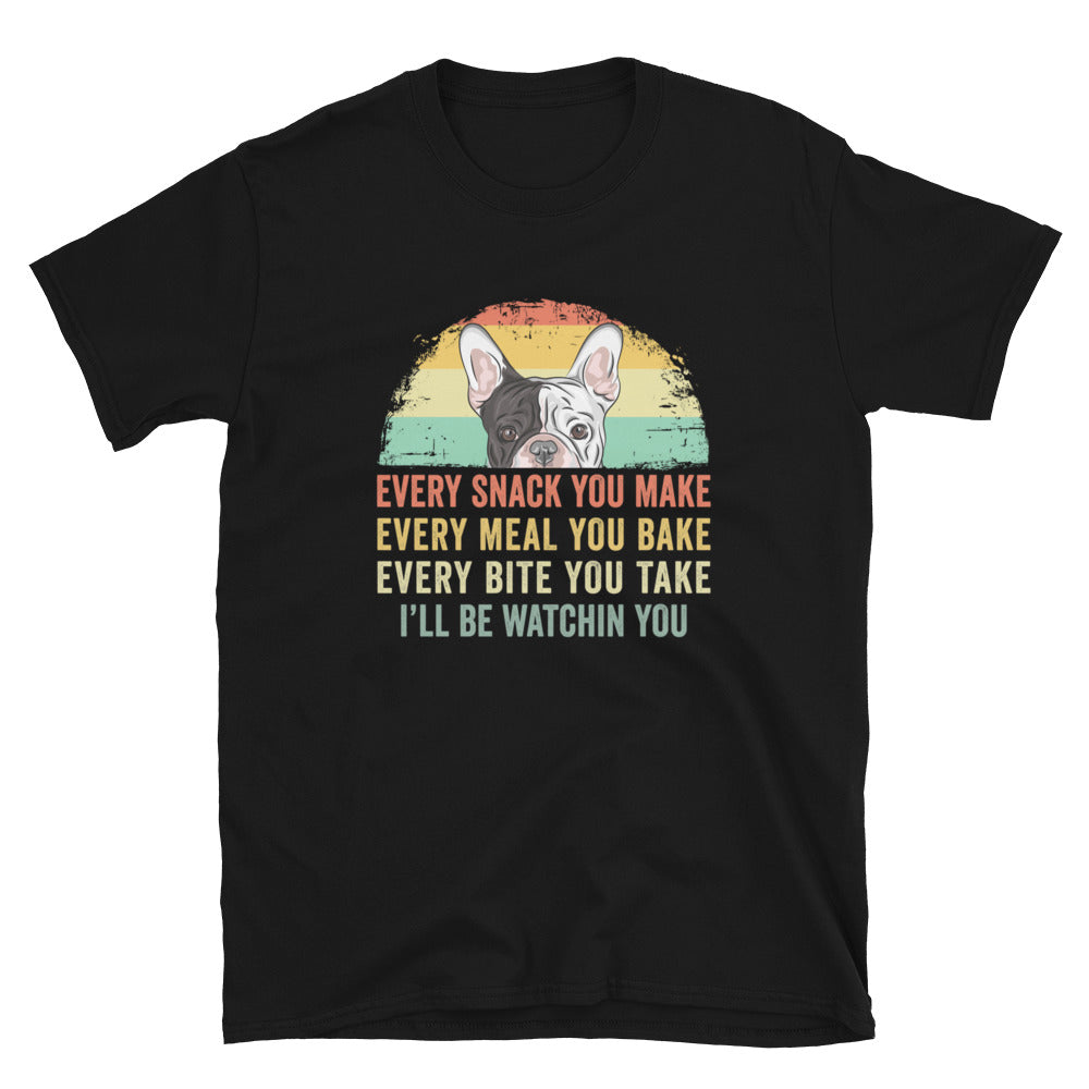 Funny French Bulldog T-Shirt: Every Snack Every Meal - Cuccico Design