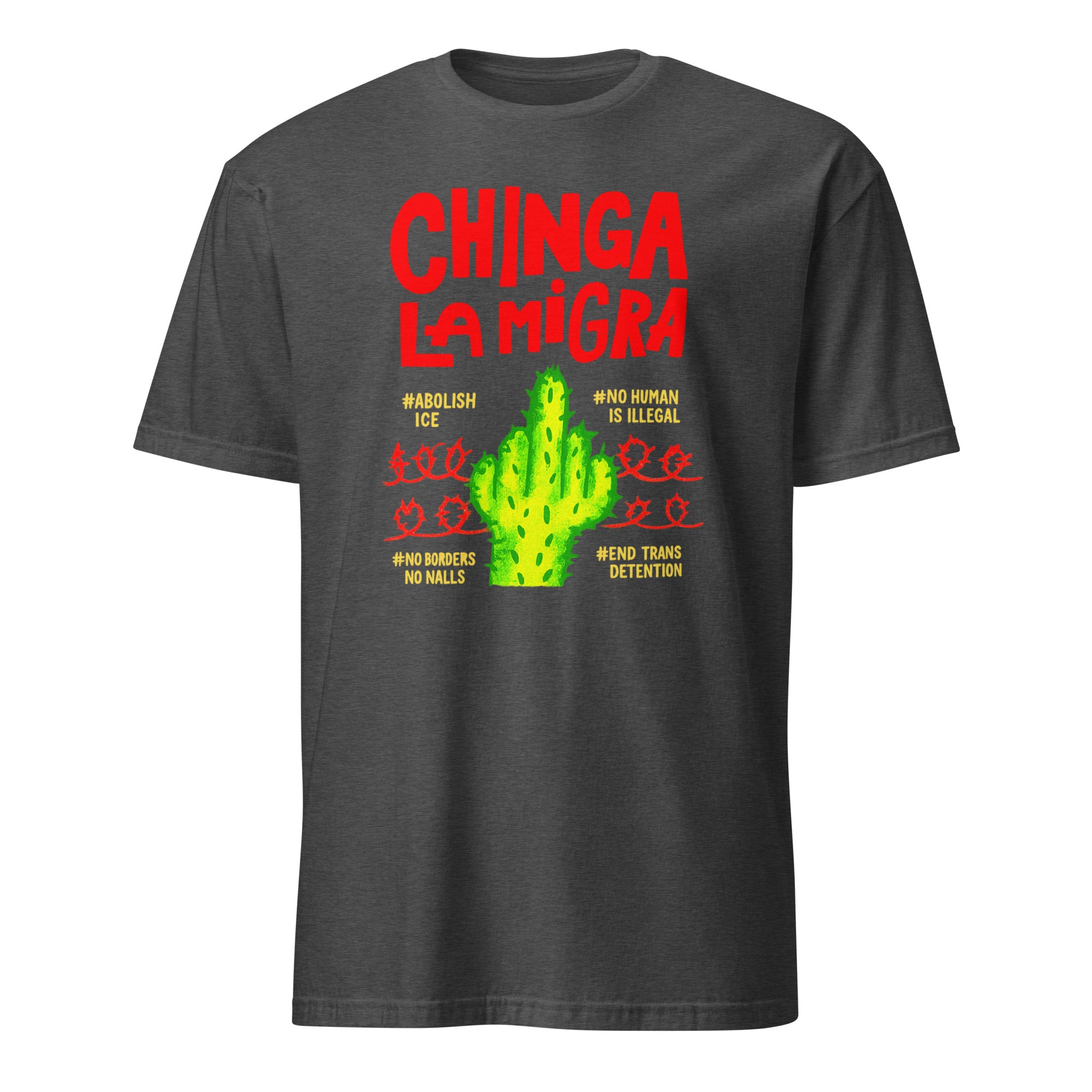 Chinga La Migra Abolish ICE No Human Is Illegal shirt in dark heather grey by Cuccico