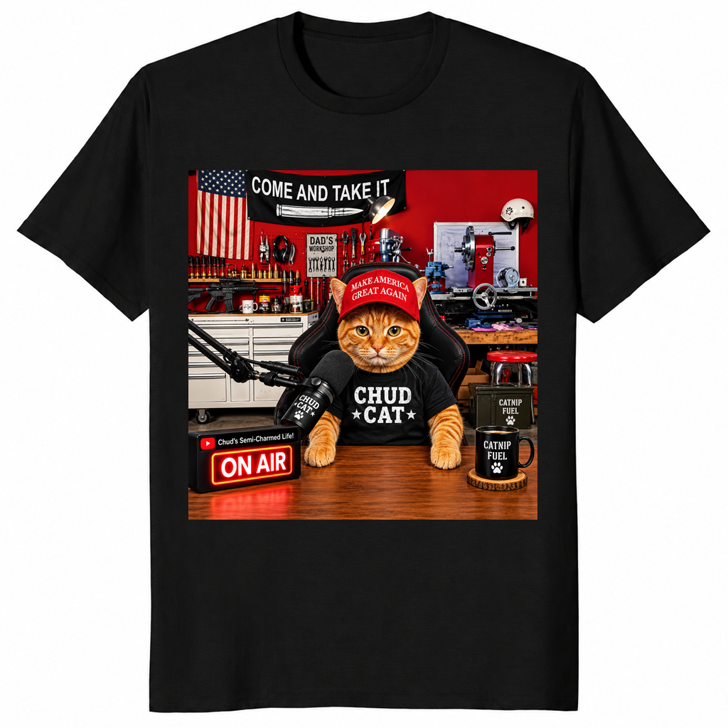 Chud Cat Radio Host shirt in black, funny conservative cat talk show tee