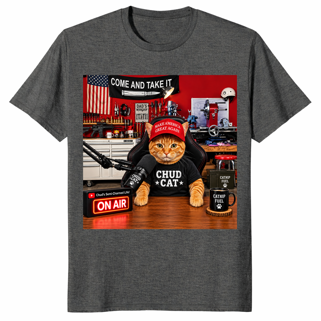 Chud Cat Radio Host shirt in dark heather, funny conservative cat talk show tee