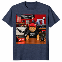 Chud Cat Radio Host shirt in heather navy, funny conservative cat talk show tee