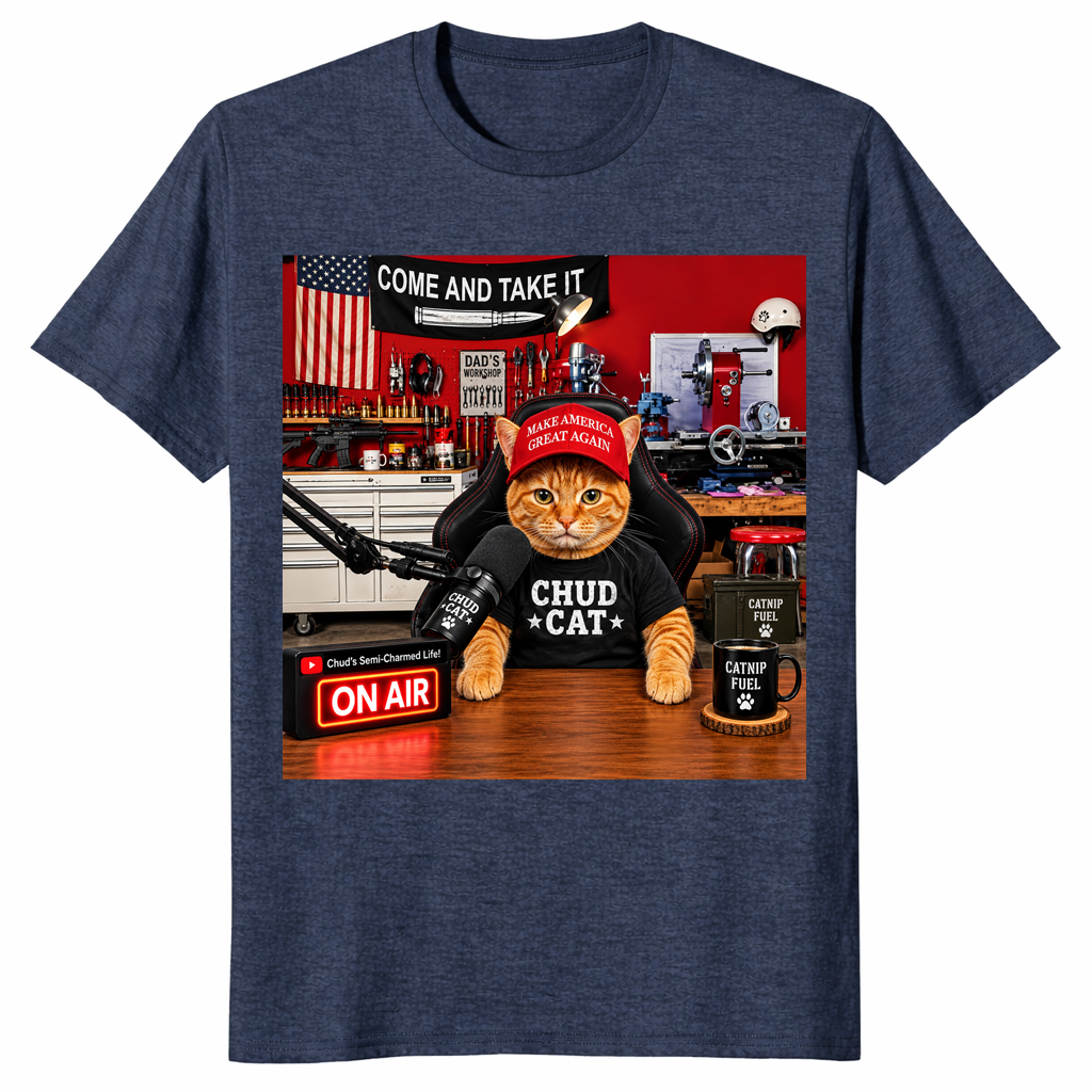 Chud Cat Radio Host shirt in heather navy, funny conservative cat talk show tee