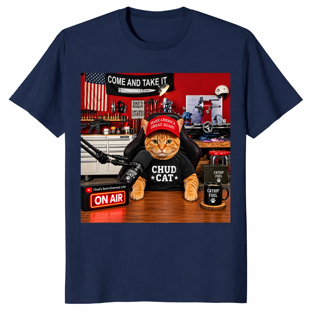 Chud Cat Radio Host shirt in navy, funny conservative cat talk show tee