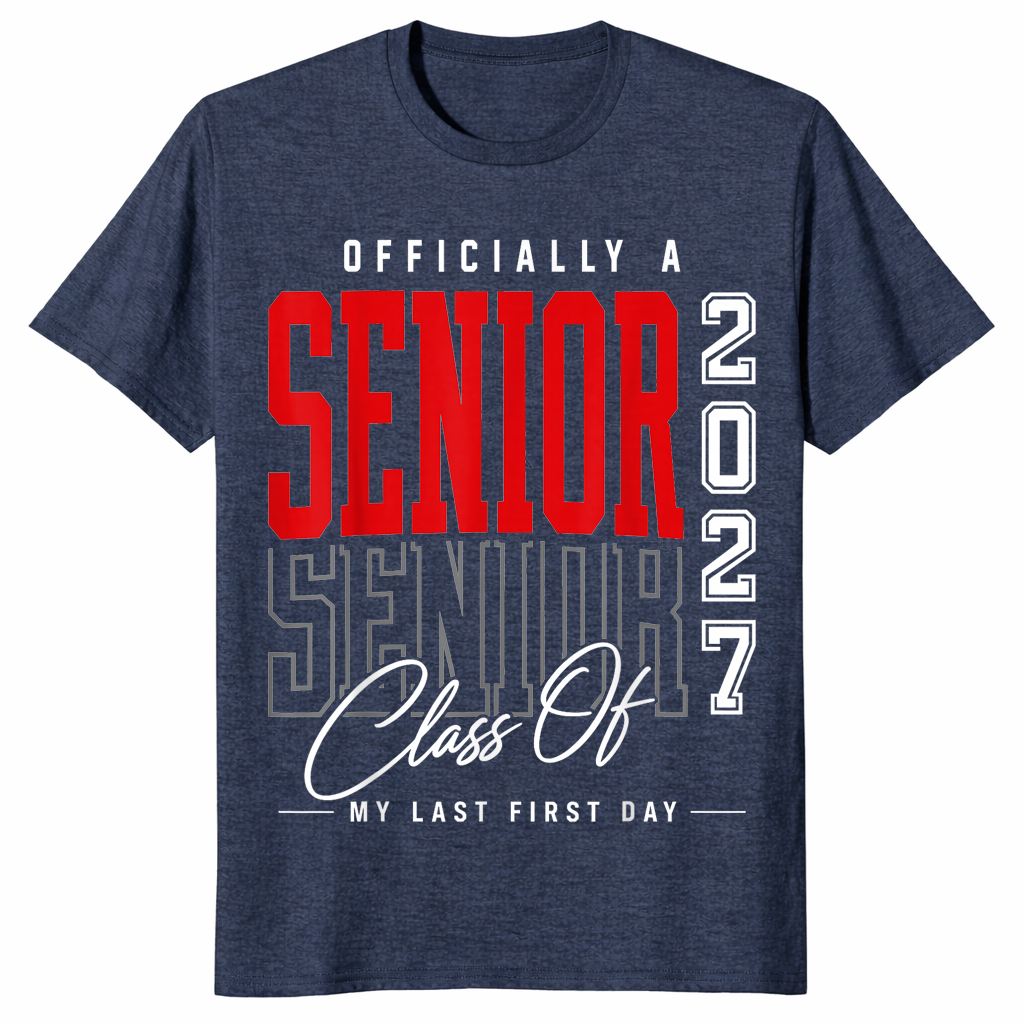 Class of 2027 senior shirt in heather navy, last first day design
